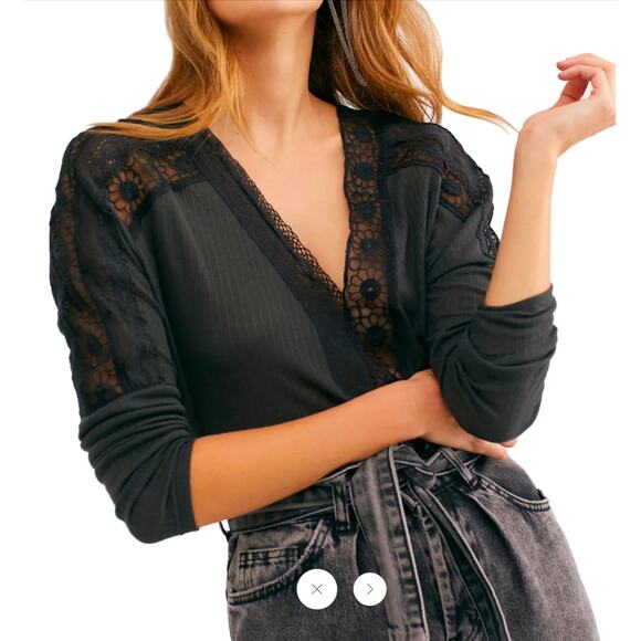 Free People Tops - Free People Black Lace Trim Ribbed V Neck‎ Long Sleeve Top Blouse Shirt Sz Small